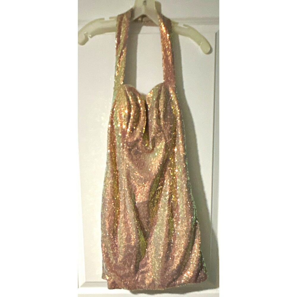 Women’s Gold/Pink Sequin Halter Top Lined Mini Dress: 4. NEVER WORN